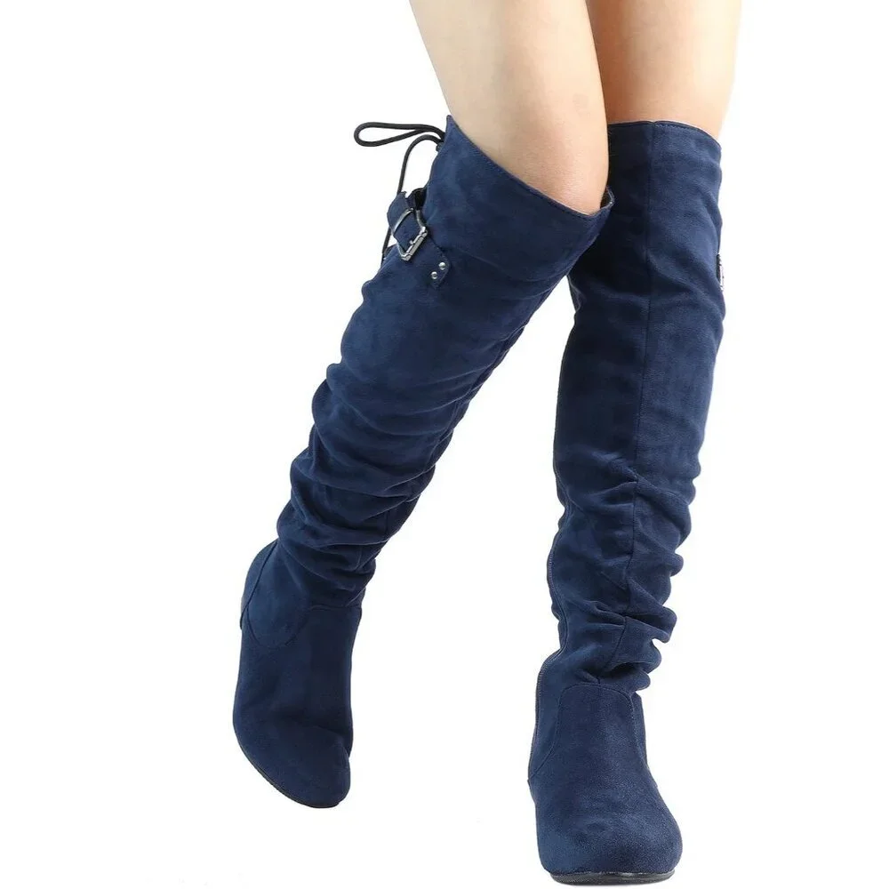 Women's Blue Suede Over The Knee Thigh High Comfortable Low Heel Winter Boots